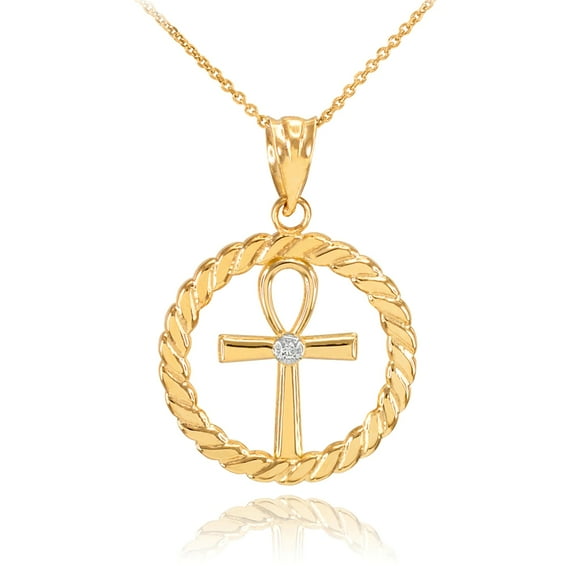 GOLD ROPED CIRCLE EGYPTIAN ANKH CROSS WITH DIAMOND PENDANT NECKLACE : 14K Pendant with 16" chain