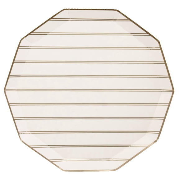 Bonjour Fte Gold and White Striped Large Paper Dinner Plates, Disposable Party Supplies, 8 Count, 10.75 Inch, Happy Birthday, New Years Eve