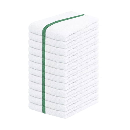 GOLD TEXTILES 12 PC Cotton Blend White Bar Mops 16x19" Green Stripe Kitchen Towels for Restaurant & Commercial Use
