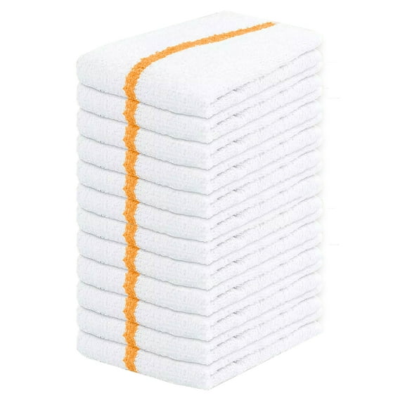 GOLD TEXTILES 12 PC Cotton Blend White Bar Mops 16x19" Kitchen Towels with Gold Stripe Commercial & Home Use