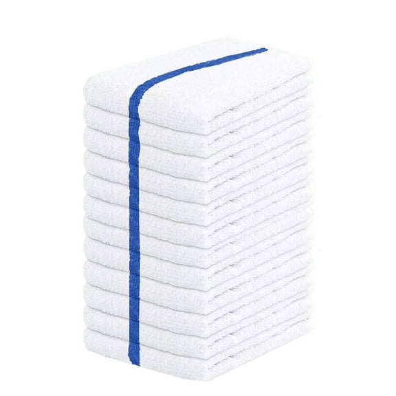 GOLD TEXTILES 12 PC Cotton Blend White Restaurant Bar Mops Kitchen Towels 28oz 1 Dozen Blue Stripe Commercial Use
