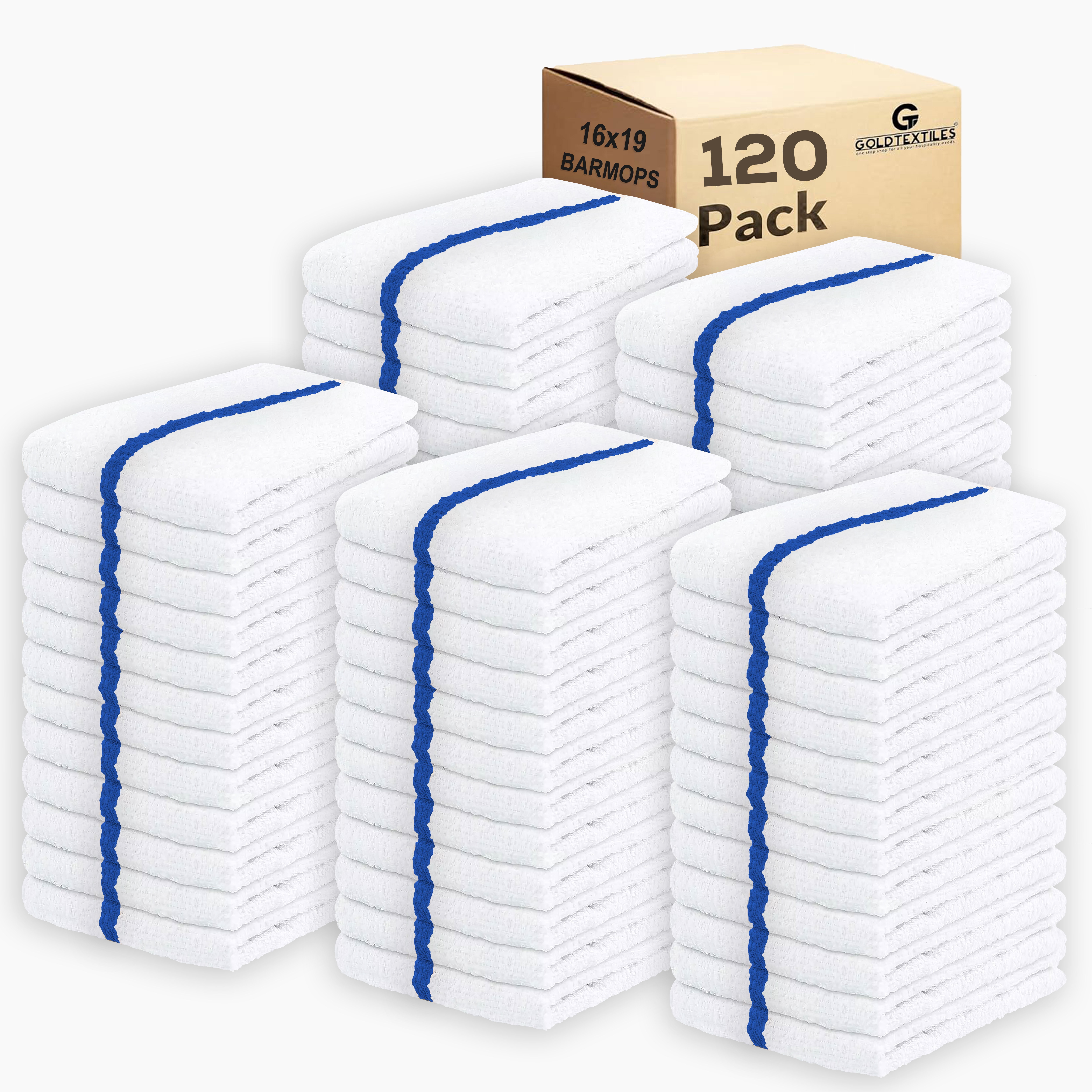 GOLD TEXTILES 120 PC New Cotton Blend Restaurant Bar Mops Kitchen Towels 28oz 10 Dozen 120 Blue Stripe