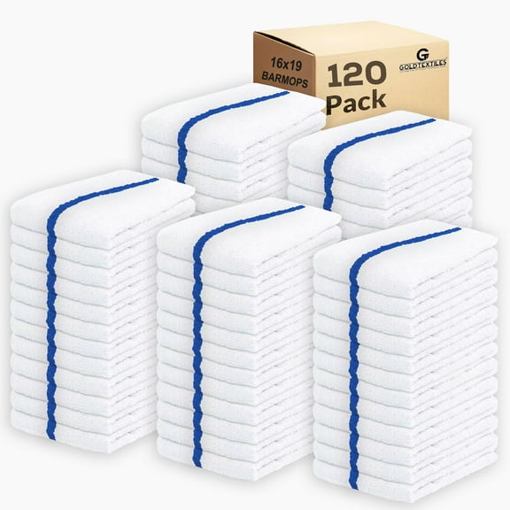 GOLD TEXTILES 120 PC New Cotton Blend Restaurant Bar Mops Kitchen Towels 28oz 10 Dozen 120 Blue Stripe