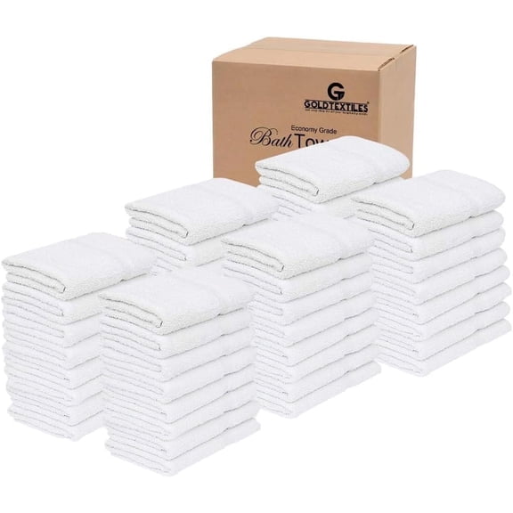 GOLD TEXTILES Bulk Bath Towels, White, 22 x 44 Inches, Cotton Blend, Lightweight, Quick-Dry, Easy Care, Pack of 120