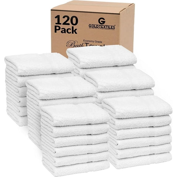 GOLD TEXTILES 120 PCS White Bath Towels Bulk 24x50 Inches Light Weight Easy Care Commercial Grade 120
