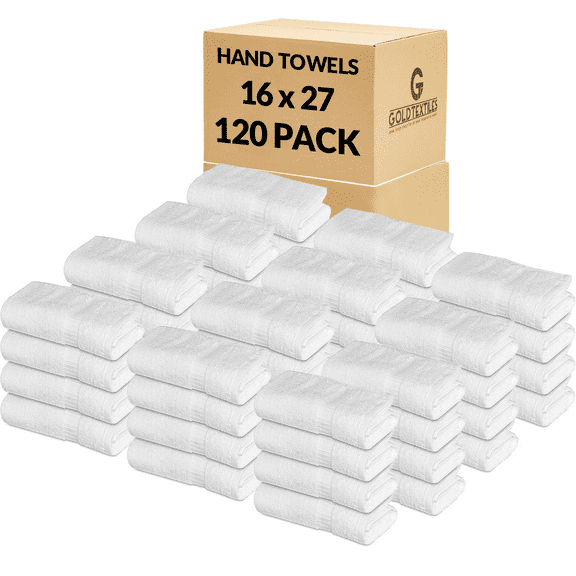 GOLD TEXTILES 16x27 White Hand Towels 120 Pack Cotton Blend Lightweight & Absorbent for Salon Gym Hotel Kitchen & Home Use