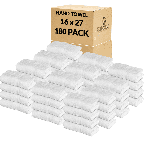 GOLD TEXTILES 16x27 White Hand Towels 180 Pack Cotton Blend Lightweight & Absorbent for Salon Gym Hotel Kitchen & Home