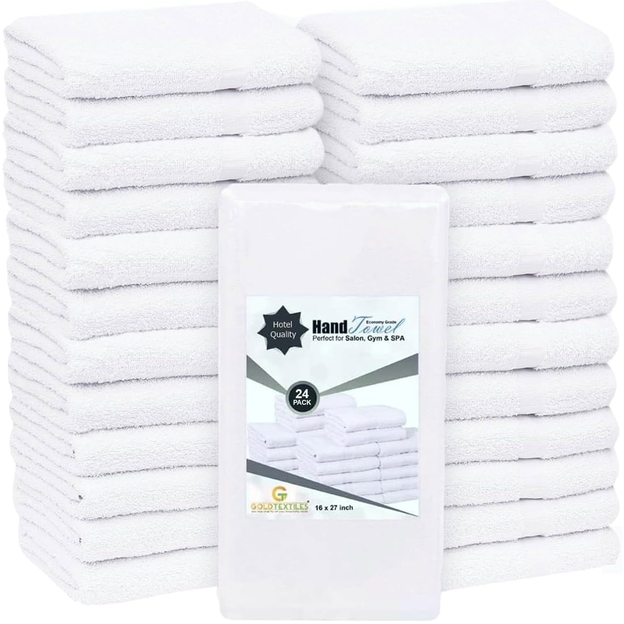 GOLD TEXTILES 24 Pack White Hand Towels 16x27" Quick Dry Cotton Blend for Spa Gym Salon and Home Use