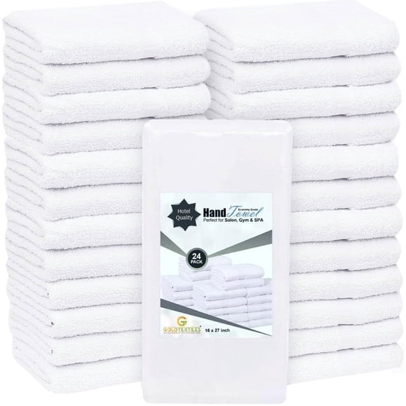GOLD TEXTILES 24 Pack White Hand Towels 16x27" Quick Dry Cotton Blend for Spa Gym Salon and Home Use