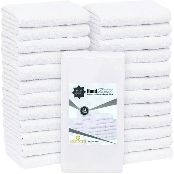 GOLD TEXTILES 24 Pack White Hand Towels 16x27" Quick Dry Cotton Blend for Spa Gym Salon and Home Use