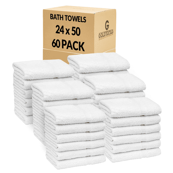 GOLD TEXTILES 60 PCS White Bath Towels Bulk 24x50 Inches Light Weight Easy Care Commercial Grade 60