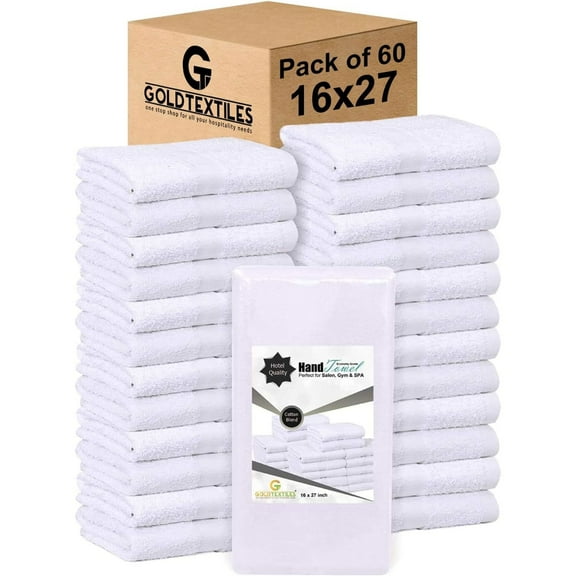 GOLD TEXTILES 60 Piece White Hand Towels 16x27 Inch Cotton Blend Lightweight & Absorbent Quick Drying Salon Gym & Kitchen Towels