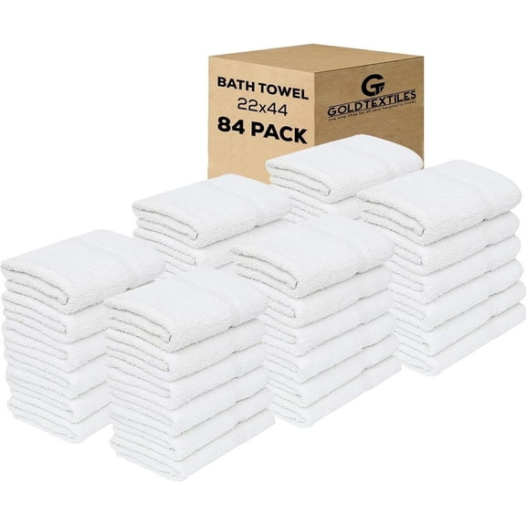 GOLD TEXTILES 84 Pack Economy White Bath Towels Bulk 22x44 Inches Cotton Blend Multi Purpose Hotel Towel for Commercial & Home Use Lightweight Easy Care & Quick Dry Towels for Pool Gym and Spa