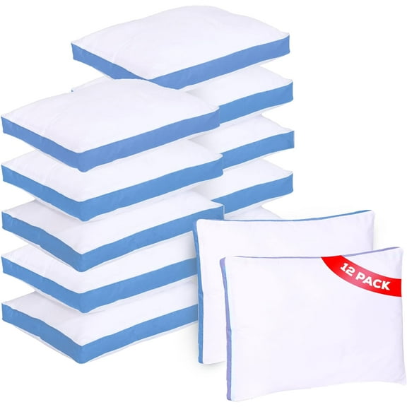 GOLD TEXTILES Bulk Pillows Queen Size Set of 12 (18x26 Inches) - Gusseted Hotel Bed Pillow Polycotton Fabric- Plush Fiber Filling for Back & Side Sleeper, Easy Care (Blue)