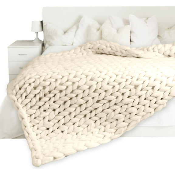 GOLD TEXTILES Chunky Knit Blanket Throw - 50"x60" - Plush Soft Chenille Luxury Knitted Blanket - Cozy for Lounge Sofa, Couch & Bed, Home Decor - Weighted Blanket (Beige)