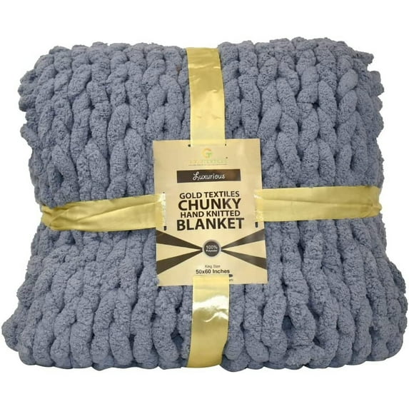 GOLD TEXTILES Chunky Knit Blanket Throw 50x60 Plush Soft Chenille Luxury Knitted Blanket Grey