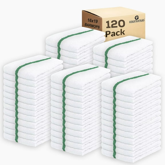GOLD TEXTILES Cotton Blend White Restaurant Bar Mops Kitchen Towels 120 Pack Green Stripe Commercial Use Cleaning Cloths