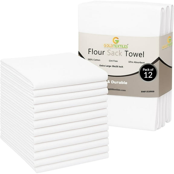 GOLD TEXTILES Flour Sack Towels 12 Pack Cotton Kitchen Towels (28x 28) Inches –Multipurpose Soft & Absorbent