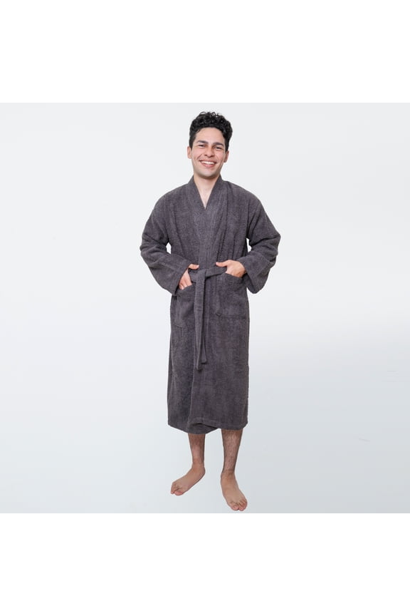 Men's Bathrobe – Terry Cloth, Gray, Small, 100% Cotton, Lightweight, Adjustable Belt & Collar – Single Pack