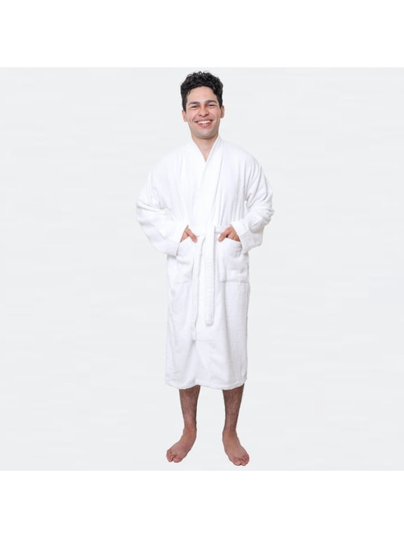 Men's Terry Cloth Bathrobe - White, Lightweight & Cozy with Adjustable Belt, X-Large, 100% Cotton, Pack of 2