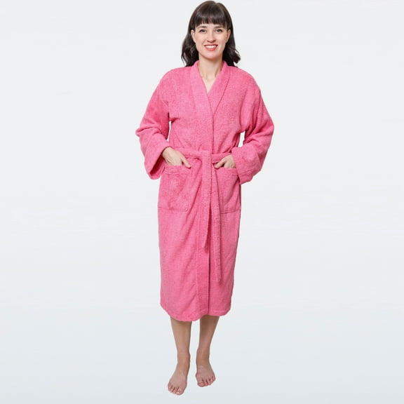 GOLD TEXTILES Premium Terry Cloth Robes for Women Lightweight Long Bathrobe, Adjustable Towel Robe Belt with Collar Medium Long Rose Pack of 1
