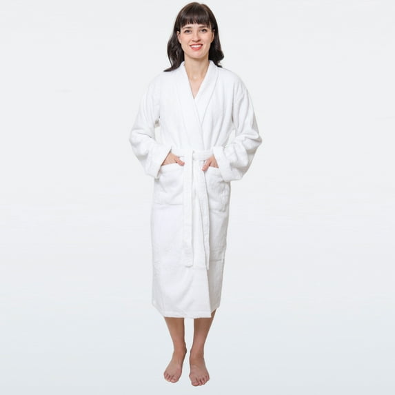 GOLD TEXTILES Premium Terry Cloth Robes for Women Lightweight Long Bathrobe, Adjustable Towel Robe Belt with Collar Medium Long White Pack of 6
