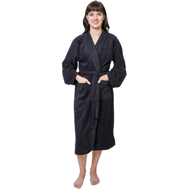 GOLD TEXTILES Premium Terry Cloth Robes for Women Lightweight Long Bathrobe, Adjustable Towel Robe Belt with Collar Small Long Black Pack of 2