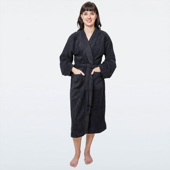 GOLD TEXTILES Premium Terry Cloth Robes for Women Lightweight Long Bathrobe, Adjustable Towel Robe Belt with Collar X-Large Long Black Pack of 1