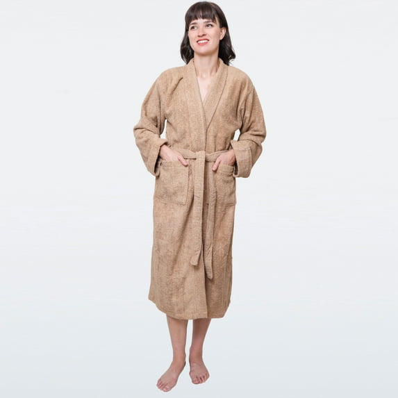 GOLD TEXTILES Premium Terry Cloth Robes for Women Lightweight Long Bathrobe, Adjustable Towel Robe Belt with Collar X-Large Long Nougat Pack of 1