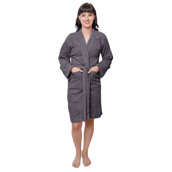 GOLD TEXTILES Premium Terry Cloth Robes for Women Lightweight Short Bathrobe, Adjustable Towel Robe Belt with Collar Large Shorts Gray Pack of 1