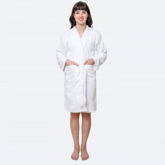 GOLD TEXTILES Premium Terry Cloth Robes for Women Lightweight Short Bathrobe, Adjustable Towel Robe Belt with Collar Medium Shorts White Pack of 1