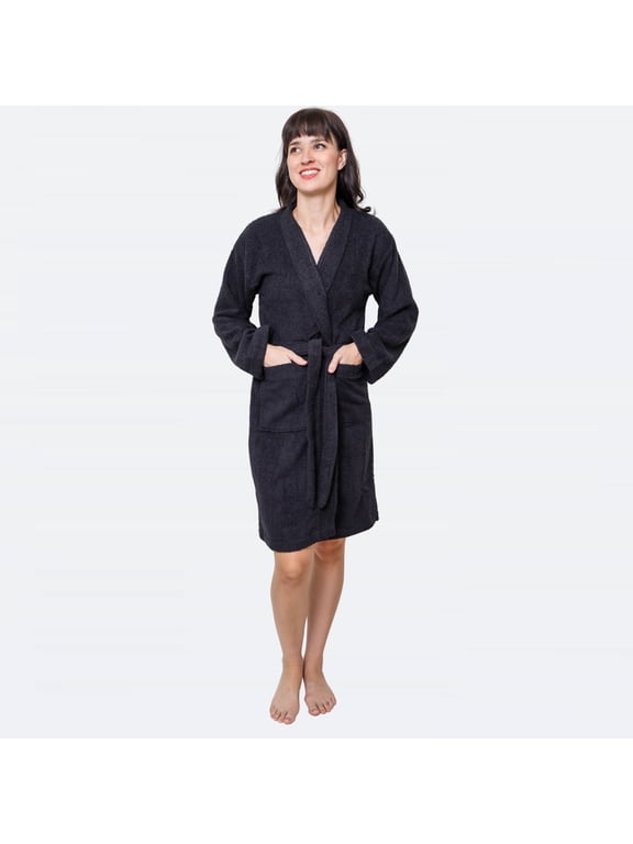 Premium Terry Cloth Robes for Women Lightweight Short Bathrobe, Adjustable Towel Robe Belt with Collar Small Shorts Black Pack of 1
