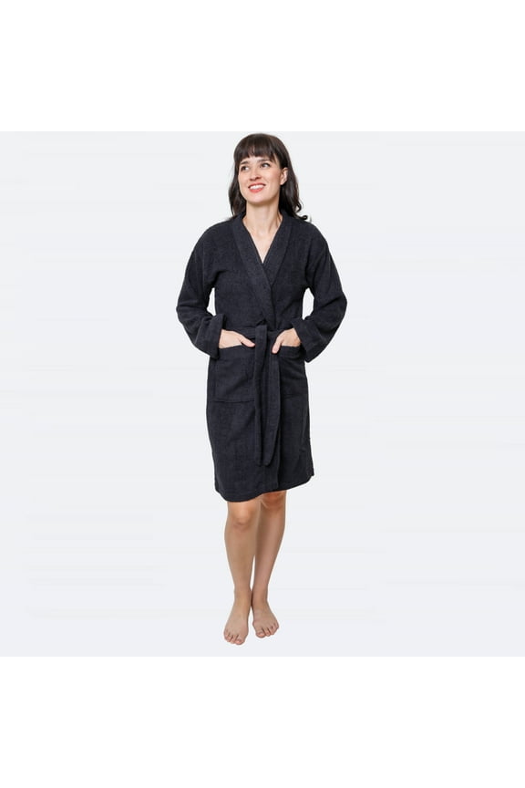 Premium Terry Cloth Robes for Women Lightweight Short Bathrobe, Adjustable Towel Robe Belt with Collar Small Shorts Black Pack of 1
