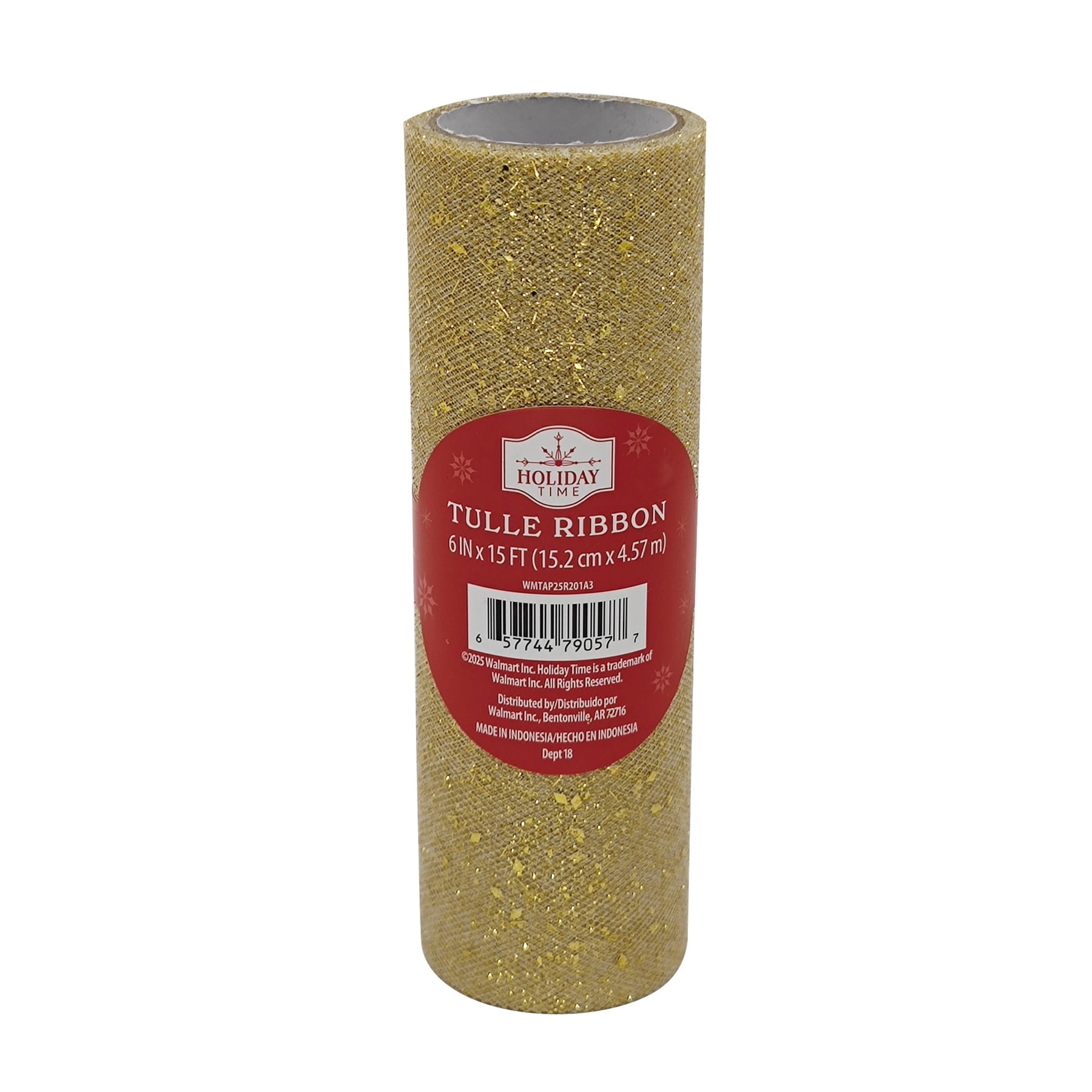 Gold Glitter Tulle Christmas Ribbon, 6" x 15', by Holiday Time