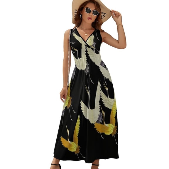 GOLD YELLOW WHITE FLYING CRANES IN BLACK Japanese Pattern Dress Fashion Boho Beach Long Dresses Female Party Printed Maxi Dress