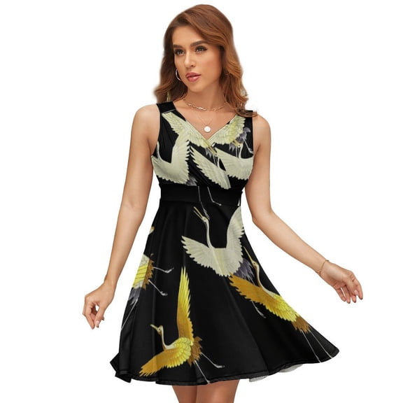 GOLD YELLOW WHITE FLYING CRANES IN BLACK Japanese Pattern Dress Summer Street Style Dresses Female Sleeveless Printed Sundress