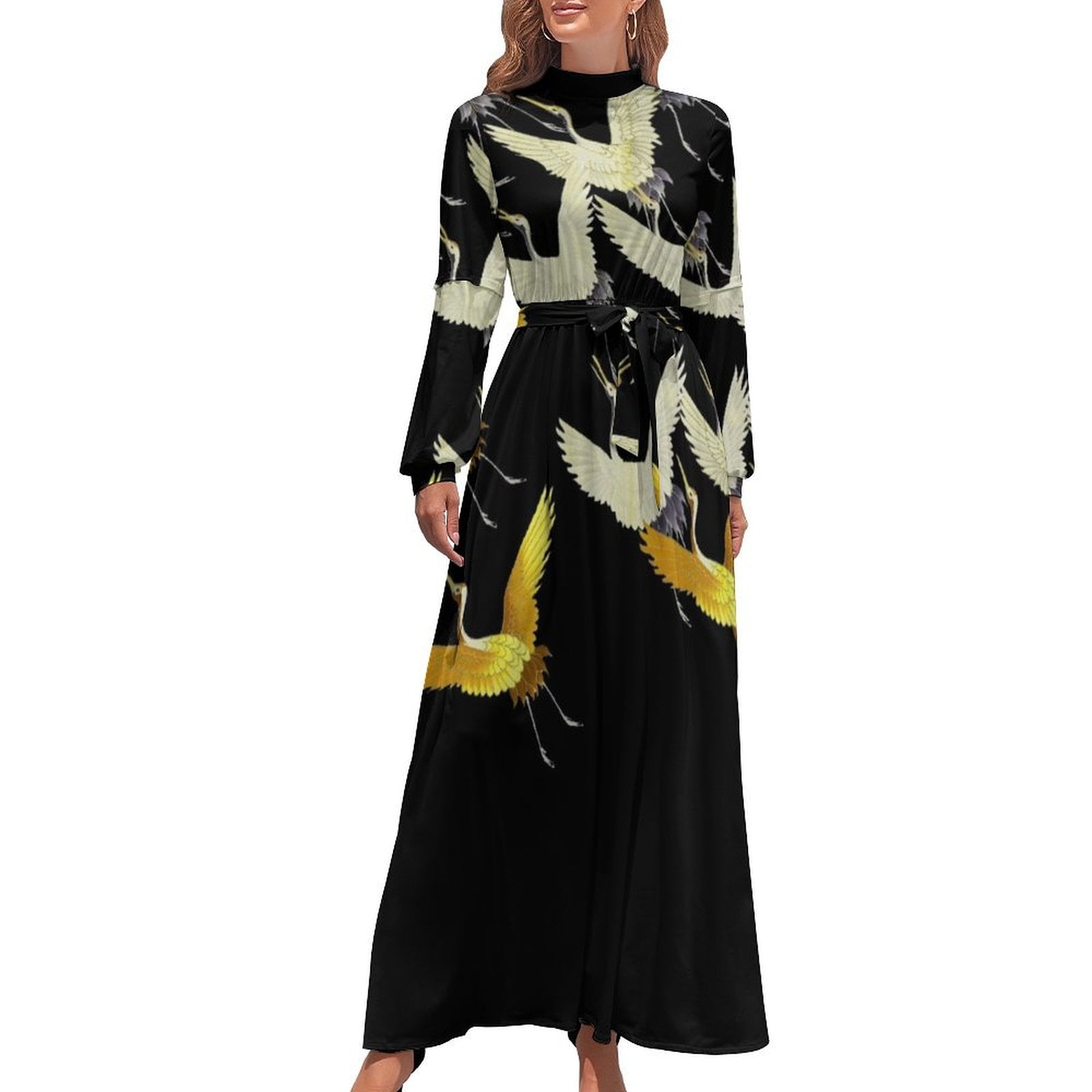 GOLD YELLOW WHITE FLYING CRANES IN BLACK Japanese Pattern Long Dress  Beachwear birthday dress Women's evening dress - Walmart.com