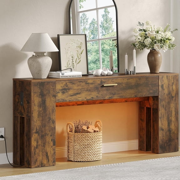 GOLDDAY 63 inch Console Tables with Charging Station and LED Light, Farmhouse Wooden Sofa Table with Drawer, Entryway Table with Wooden Bases, Couch Table for Hallway, Living Room, Rustic Brown