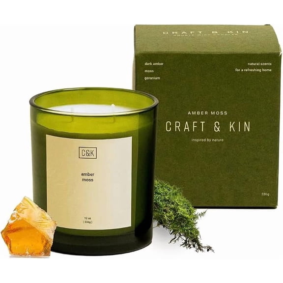 GOLDEN- 12oz Amber Moss Candle for Home | Premium Green Winter Scented Candles for Men | Made with Natural Soy | Holiday Candles Gifts for Men and Women | Nature Collection