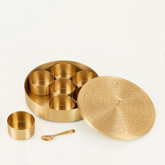 GOLDEN BRASS (01) handcrafted Brass Spice Box Set For Kitchen With Spoon (7 Containers, 40 ML) - Masala Box For Kitchen - Species Container 7 inch Masala dabba - Masala petti 1set
