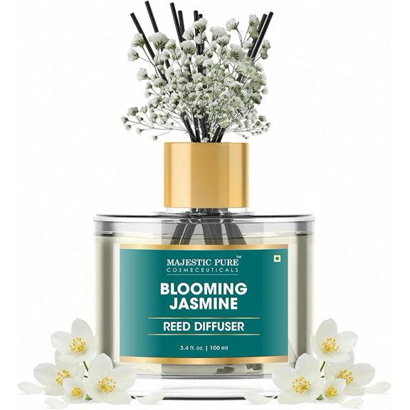 GOLDEN- Blooming Jasmine Reed Diffuser for Home, Bathroom & Office | Natural Aromatherapy Air Freshener & Room Fragrance, with Reed Sticks & Dried Flowers 3.4 fl oz