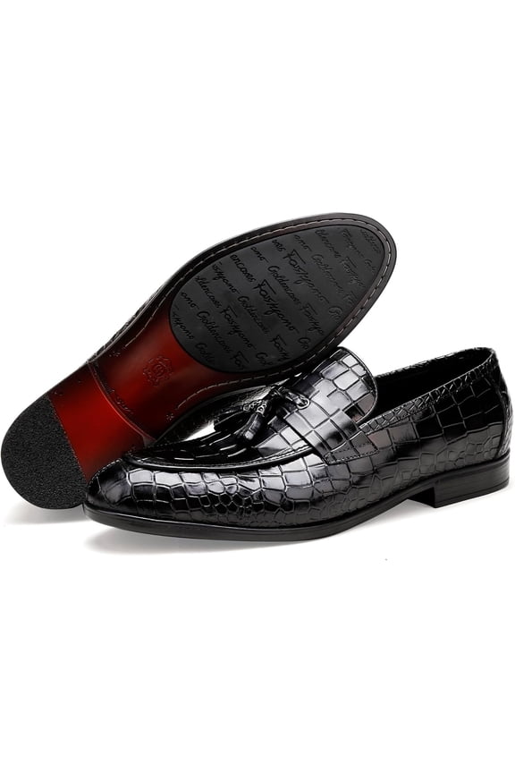 Leather Tassels Shoes for Mens, Classic Alligator Printed Slip On Tassels Loafers Business Shoes Wedding Dress Loafers for Men