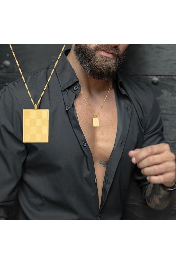 GOLDEN Color Checkered Necklace Men Women, 14K Yellow Gold Chess Pendant,Layering Necklace
