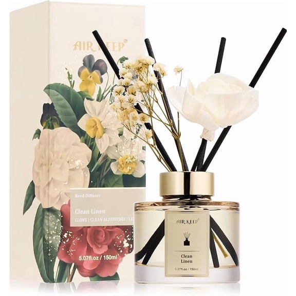GOLDEN- Flower Reed Diffusers Set, 5.07 oz Clean Linen Scented Oil Diffuser with 8 Reed Sticks, Home Fragrance Diffuser Gift Set for Bathroom & Office Decor 150ml