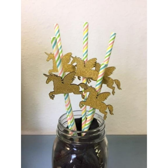 GOLDEN GLITTER WOOD UNICORN RAINBOW PAPER STRAWS 6 COUNTS