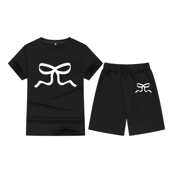 WhouRiu Big Girl' Outfit Sets Short Sleeve Bow Print T-Shirt Shorts Children Comfy Summer Streetwear Outfits Black,Sizes 8-9