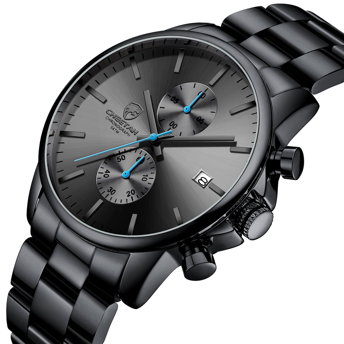 CHEETAH Fashion Business Mens Watches with Stainless Steel Waterproof Chronograph Quartz Watch for Men,Auto Date,Black&Blue