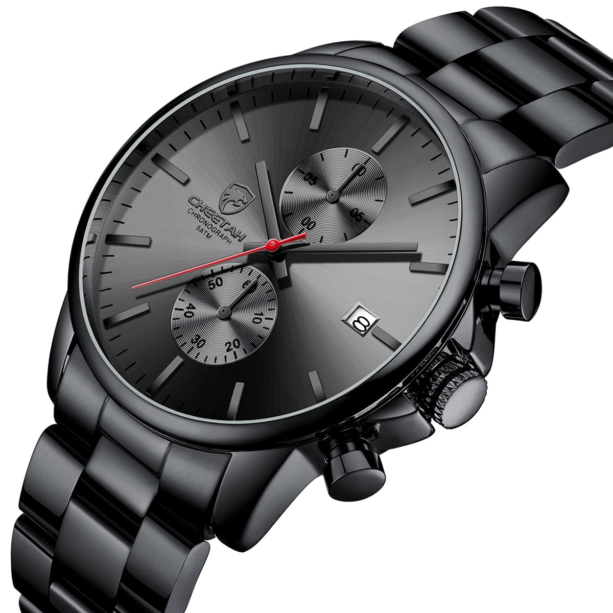 CHEETAH Fashion Business Mens Watches with Stainless Steel Waterproof Chronograph Quartz Watch for Men,Auto Date,Black&Red&Black