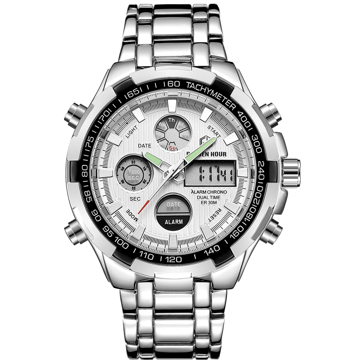 GOLDEN HOUR Luxury Silver Stainless Steel Analog Digital Watches for Men Outdoor Sport Waterproof Big Heavy Wristwatch with White Face Walmart