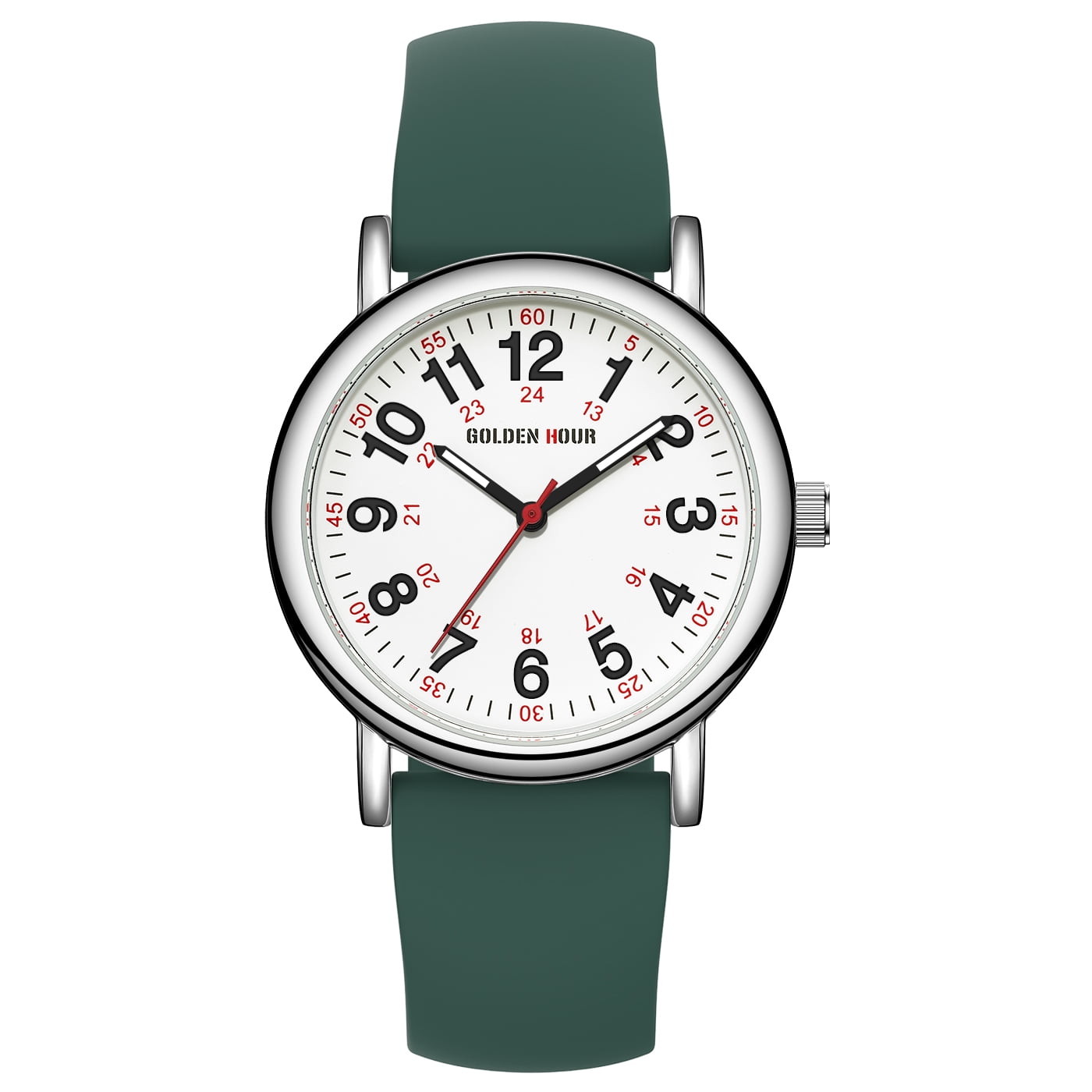 GOLDEN HOUR Waterproof Nurse Watch for Medical Professionals, Students Women Men - Military Time Luminouse Easy Read Dial, 24 Hour with Second Hand, Colorful Silicone Band
